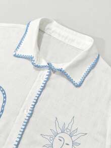 Airaco 女士新款春夏休闲度假衬衫，海岛度假宽松白色太阳印花+蓝色贝壳刺绣全开领短袖衬衫，休闲宽松白色衬衫，法式休闲度假刺绣衬衫，女士沙滩装，外套，夏季度假衬衫 - 白色 - 查看 6