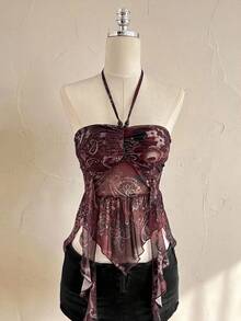 Attitoon Burgundy Summer Paisley Printed Knit Mesh Beaded Spaghetti Strap Camisole Top,Boho Women's Vacation Corset Gothic Top,Festival Chic Daily Wear Tops - Coffee Brown - View 9