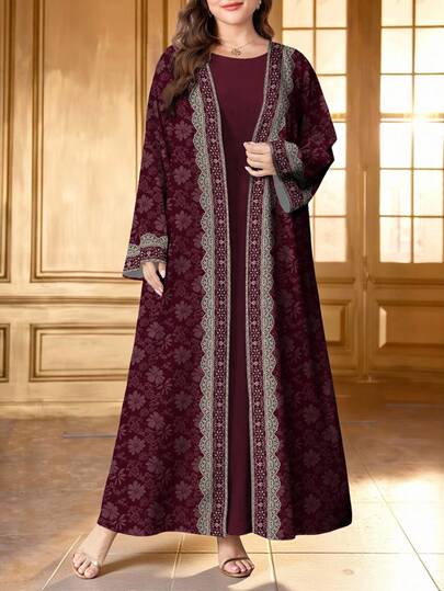 SHEIN Najma Vintage Floral & Lace Trim Print Burgundy Plus Size Women's Dress, Elegant Arabic Style Abaya, Spring/Autumn Long Sleeve Maxi Cardigan Outerwear, Asian Fashion