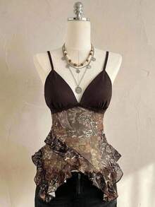 Attitoon 女士复古佩斯利印花撞色拼接不对称下摆可爱性感上衣 - 摩卡棕 - 查看 5