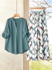 Rusticease Casual Elegant Green Long Sleeve Shirt Paired With Green Abstract Geometric Print Loose Pants, 2 Pieces Set Suitable For Spring/Summer - Khaki - View 5