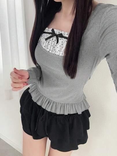 FRIFUL 女士方领波点拼接抽绳蝴蝶结装饰荷叶边下摆长袖修身百搭T恤，秋季娃娃衫