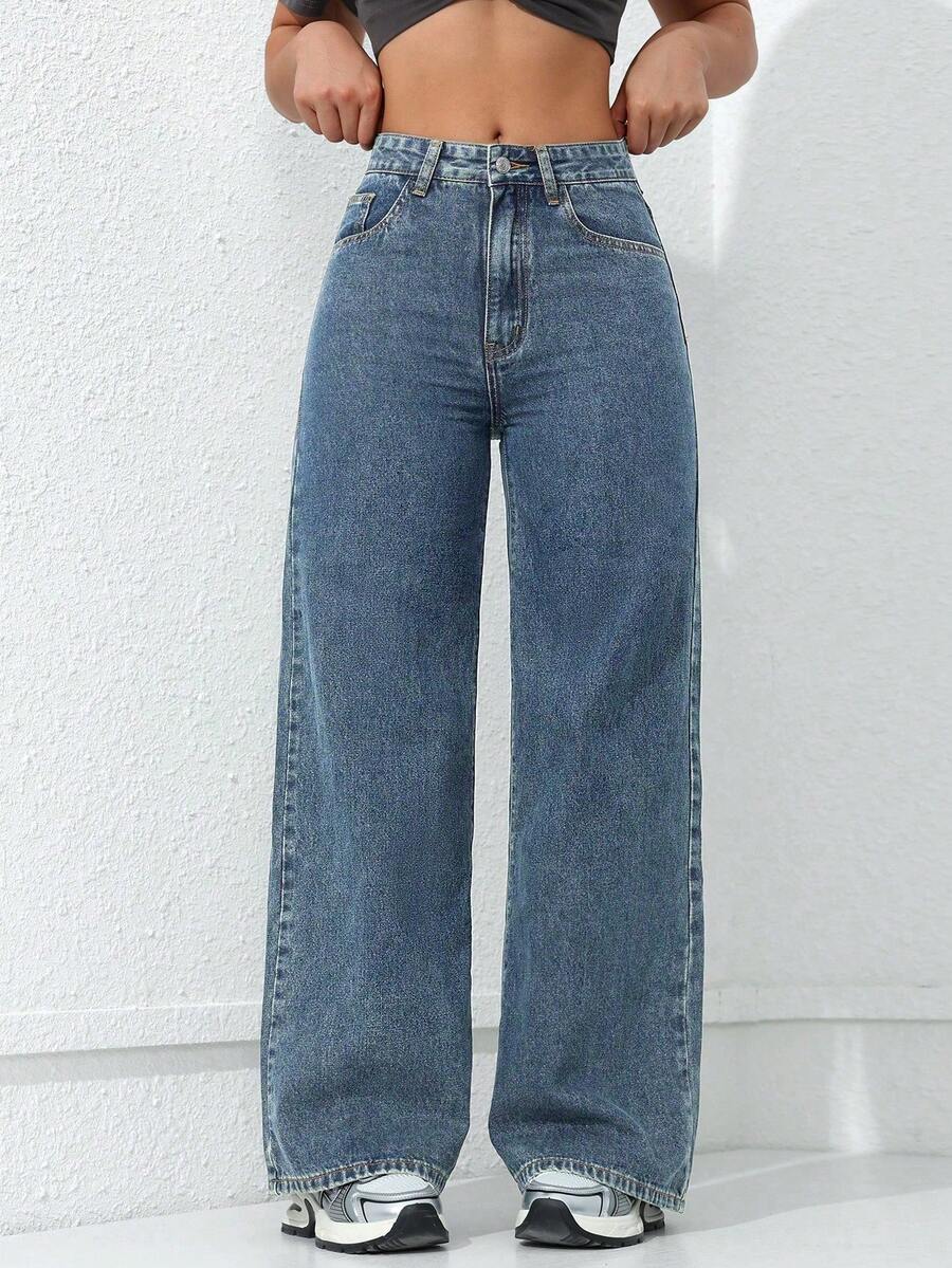 SHEIN ICON 女士口袋牛仔褲 - 中等水洗藍 - 查看 1