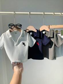 SHEIN 6件套男女宝宝休闲日常针织衫套装，Polo领短袖针织上衣和短裤套装，春夏男宝宝服装，套装 - 彩色 - 查看 7