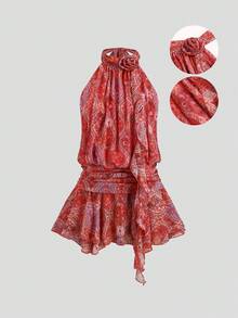 Sweetra Women's Elegant Floral Print 3D Flower Decor Halter Neck Ruched Waist Ruffle Hem Red Mini Dress, Sexy Beach Dress With Vacation Vibe, Vintage Floral Print Sleeveless Halter Neck Backless Ruched Waist Ruffle Hem Pink Mini Dress - Red - View 1