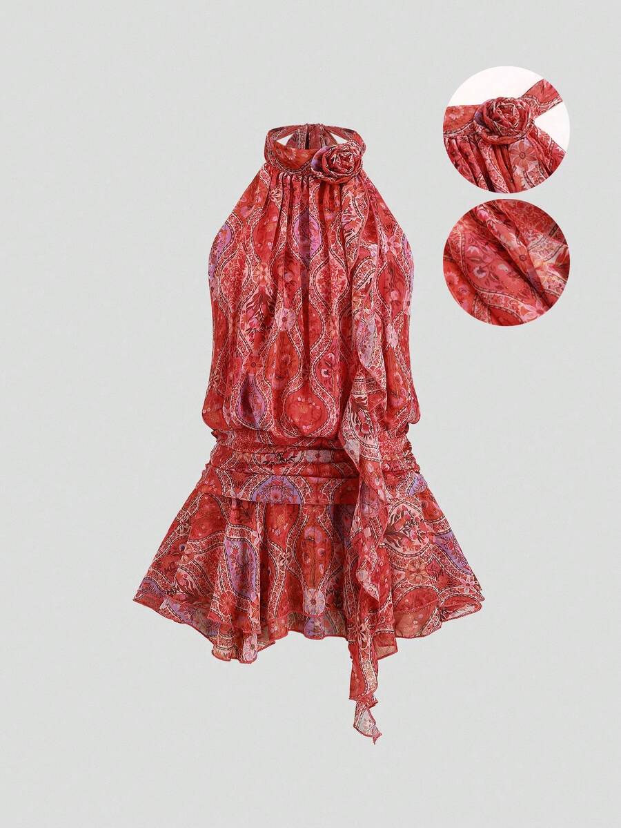 Sweetra Women's Elegant Floral Print 3D Flower Decor Halter Neck Ruched Waist Ruffle Hem Red Mini Dress, Sexy Beach Dress With Vacation Vibe, Vintage Floral Print Sleeveless Halter Neck Backless Ruched Waist Ruffle Hem Pink Mini Dress - Red - View 1