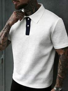 Manfinity CasualCool 男士撞色领 Polo 衫，3D 几何提花休闲短袖上衣 - 白色 - 查看 5