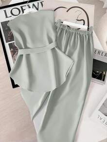 GlowEve Bộ quần áo ba lỗ và áo thun trơn màu mùa hè có thắt lưng - màu xanh lá - Xem 2