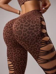 Dewbera 1件装女士无缝性感豹纹做旧健身运动跑步瑜伽紧身裤，不透明九分裤长 - 咖啡棕 - 查看 5