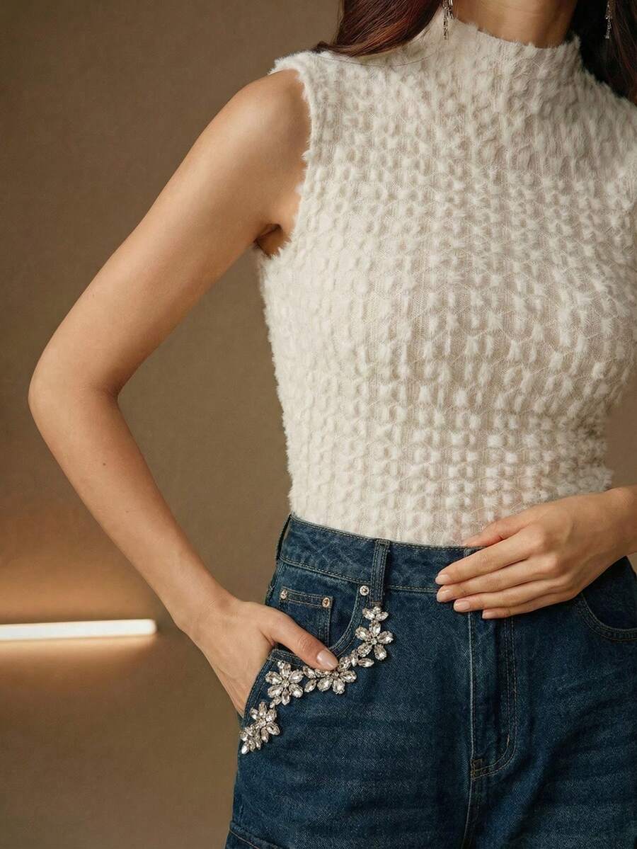 Anewsta Essential Elegant Flocked Lace Turtleneck Camisole, High-Quality Sleeveless Top For Women, Autumn/Winter - Beige - View 1