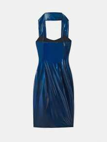 lacRébo Navy Blue Shiny Fabric Bodycon Midi Dress With Ruched Bust And Matching Scarf Sexy Chic Party Dress Evening Dress Spring Summer Dress Premium Outfits Siren Gaze Dress Metallic Dress Shiny Dress  New Year Party Outfits French Style Parisian Style - Navy Blue - View 9