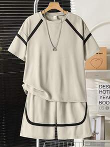 SHEIN Vacaura 2件套青少年春夏秋季插肩袖撞色条纹T恤和口袋短裤休闲运动时尚套装 - 杏色 - 查看 3
