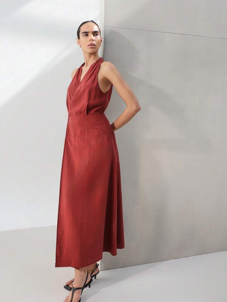 KSTM Women's Halter Wrap Maxi Dress With Deep V-Neck Cinched Waist Rust Orange Tiered Sleeveless Summer Evening Party Dress