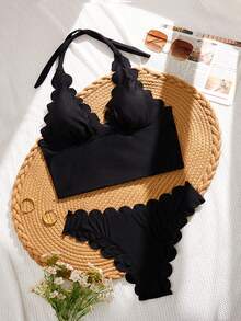 Swim Basics Women's Solid Color Floral Trim Spaghetti Strap Bikini Top And Floral Trim Swim Bottoms, Summer Beach Vacation - Black - View 6