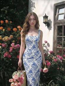 SHEIN MOD Đầm midi xẻ tà ôm sát in họa tiết xanh trắng - Xanh và trắng - Xem 2