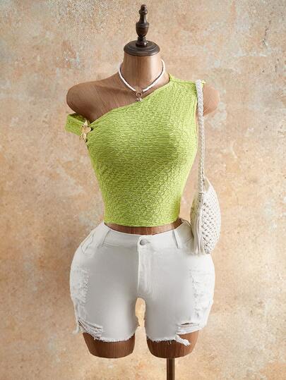 Mistrie New Casual Vacation Beach, Daily Party, Festival, Textured Knit Asymmetric Shoulder Ocean Metal Decor Blouse