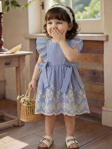 SHEIN LMoss Kids Babygirl Cute Casual Summer Striped Embroidered Peter Pan Collar Dress - Blue - View 9