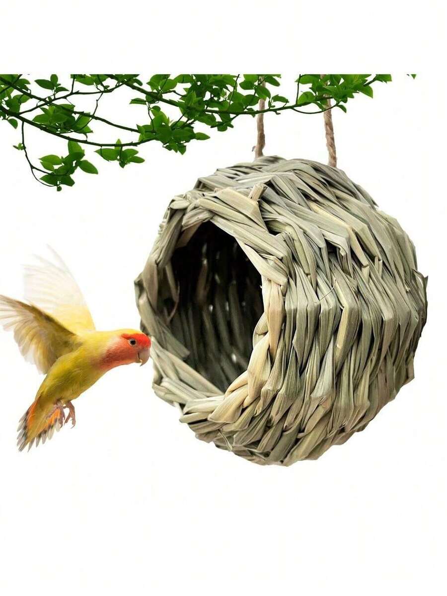 1pc Handmade Woven Grass Bird Nest, Ball Shaped Round Opening Parrot House For Outdoor Decoration, Suitable For All Seasons, Random Color (Natural Color Variations Are Normal) - Multicolor - View 1