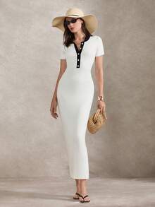 Briarwyn 女士撞色纽扣半开襟短袖修身针织连衣裙 - 白色 - 查看 3