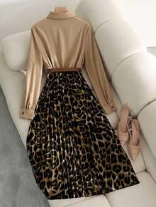 Franclia Váy xòe xếp ly họa tiết da báo ôm sát eo thanh lịch dành cho nữ, phù hợp để đi làm và đi chơi - Cà phê - Xem 2