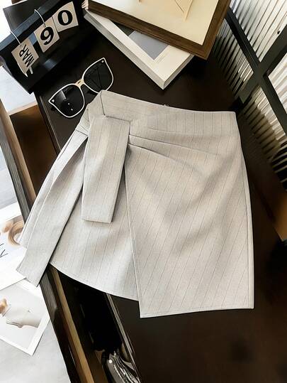 Franclia Elegant Commuting Casual Versatile Striped Pleated Tie-Up Overlay Khaki Striped A-Line Mini Skirt For Women, Spring/Summer