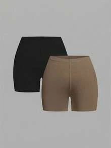SHEIN EZwear 女士休闲纯色两件套加大码打底裤，适合夏季穿着，弹力短裤，女士弹力短裤 - 彩色 - 查看 1
