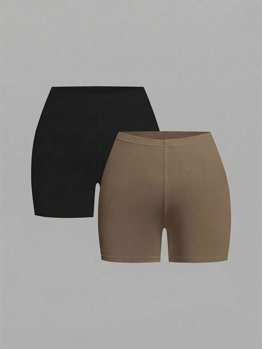 SHEIN EZwear 女士休闲纯色两件套加大码打底裤,适合夏季穿着,弹力短裤,女士弹力短裤 - 彩色 - 查看 1