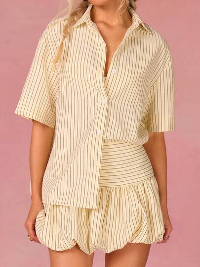 Athîral Conjunto casual de 2 piezas de top de manga media a rayas y shorts florales para mujer