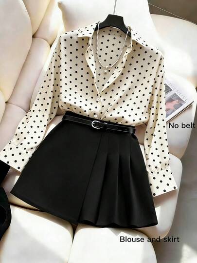 GlowEve CURVE Plus Size Casual Commuter Polka Dot Print Shirt & Solid Color Pleated Skirt 2-Piece Set