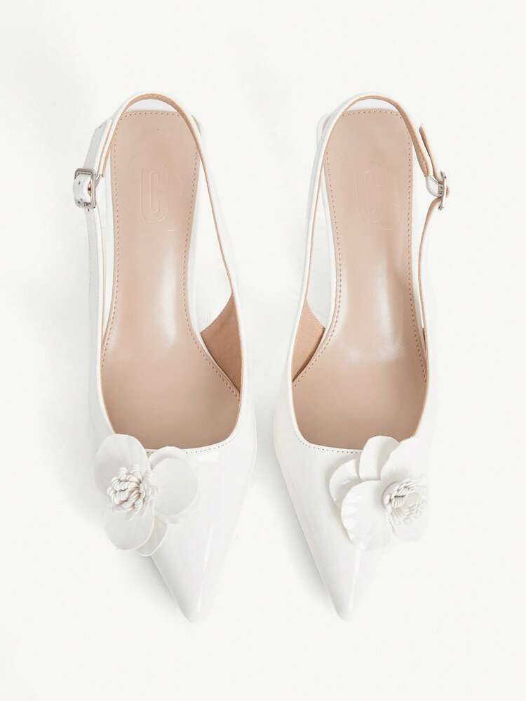 CUCCOO CHICEST Women Shoes White Patent Leather Pointed Sandals, Stiletto Strap, Three-Dimensional Flower Decoration, Gentle And Elegant Commuting Dating Shoes Wedding Shoes Summer Shoes Bride Shoes