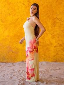 Andrea Bello 女士优雅花卉印花露背系带连衣裙，非常适合度假穿着 - 橘色 - 查看 3