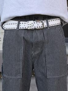 Manfinity EMRG Men's Black And White Vertical Striped Cargo Denim Shorts - Black and White - View 8
