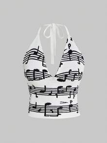 ROMWE Avant Women's Y2K Musical Note All-Over Print Deep V-Neck Knit Top - Black and White - View 1