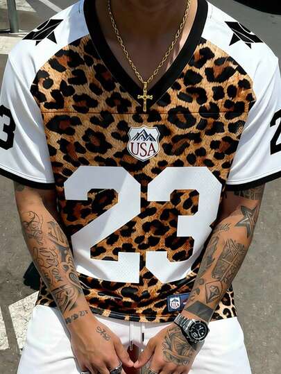 Manfinity EMRG Men's Summer Streetwear Brown Leopard Print Oversized V-Neck Football Jersey Number 23 Star USA Letter Graphic Mesh Sports Shirt Animal Print Short Sleeve Y2K Going Out Festival Rave Casual Athletic Top,Men's Casual Leopard Print Patchwork Short Sleeve T-Shirt, Summer