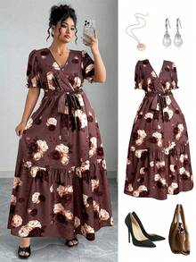 Elenzga Plus Size Women's Casual Boho Floral Maxi Dress V Neck Puff Half Sleeve Wrap A Line Flounce Hem - Multicolor - View 1
