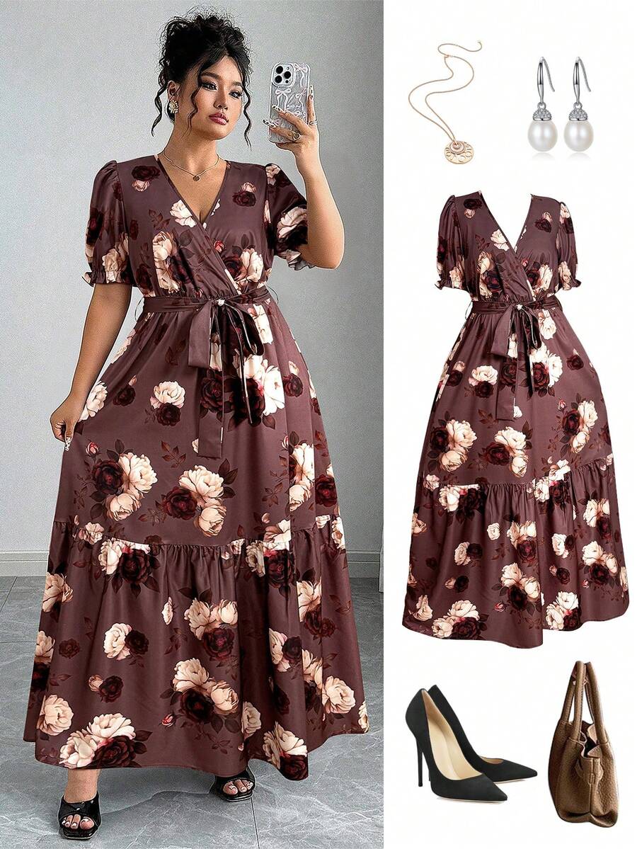 Elenzga Plus Size Women's Casual Boho Floral Maxi Dress V Neck Puff Half Sleeve Wrap A Line Flounce Hem - Multicolor - View 1
