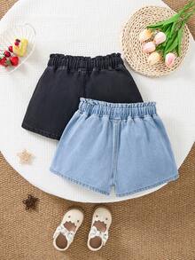 SHEIN 2件套少女时尚休闲Y2K复古酷炫街头春夏蓝色和黑色修身牛仔短裤，日常穿着，春夏锐舞节和街头服饰 - 彩色 - 查看 2
