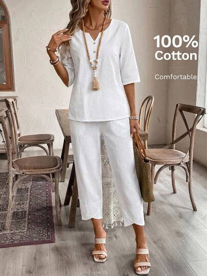 EMERY ROSE Women's Casual Solid Color Notch Collar Shirt And Cropped Pants Set, Summer Going Out Outfits Summer Outfits For Women Vacation Outfits Women Casual Sets For Women Country Outfits For Women Cotton Casual Outfit For Women White Outfit For Ladies Two Piece Set For Women Casual Women Outfits Comfortable Sets For Women White Linen Pants Set 2 Piece Linen Sets Woman Blouse And Pants Set Cotton 2 Piece Set Pant Suit Summer Sets 100 Cotton Women Clothing