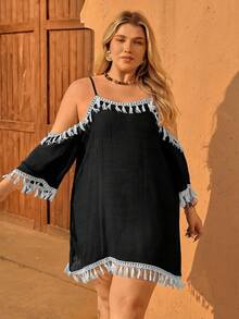 Swim Chiccia Plus Size Casual Vacation Tassel Decor Off-Shoulder Camisole - Black - View 3