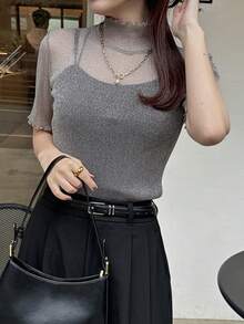 FRIFUL 女士网纱高领透视上衣，秋季叠穿单品 - 灰色 - 查看 4