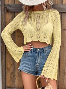 SHEIN Holidaya Women's Solid Color Raglan Sleeve Long Sleeve Cropped Hollow Out Pullover Sweater - Yellow - View 3