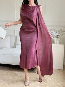 DAZY 女士优雅无袖亮片中长连衣裙，夏季 - 玫紅色 - 查看 5