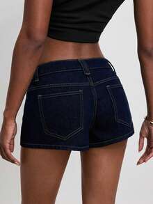 ATUI Studio 女士休闲简约斜插口袋明线中腰牛仔短裤，夏季 - 藍色 - 查看 3
