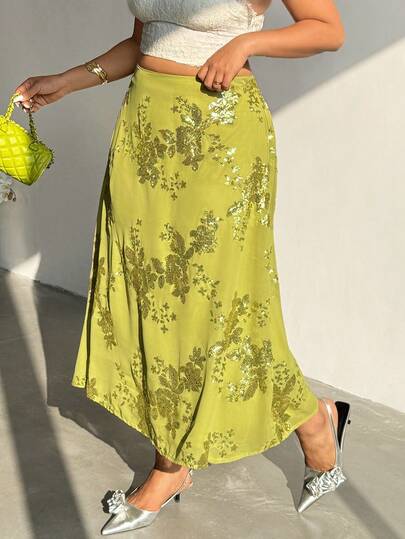 Firerie تنورة أنيقة مطرزة بالترتر بخط A، مقاس كبير، صيفي