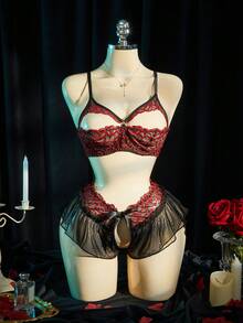 SpicyHot 2件套蕾丝撞色网纱性感内衣套装，带钢圈，女士款 - 彩色 - 查看 6