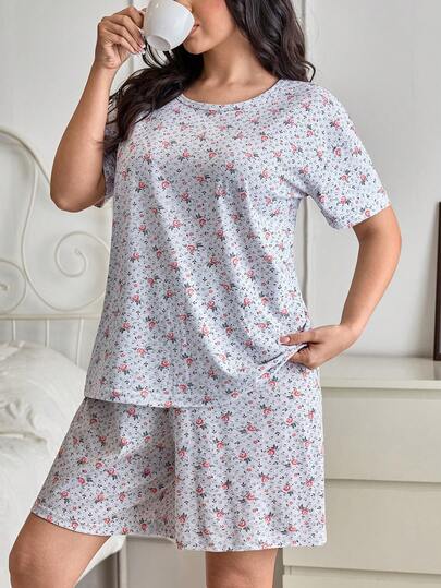 SHEIN Women Plus Size Cotton 2pcs Grey With Floral Pattern Round Neck Short Sleeved Shirt & Shorts Homewear Comfort Casual Pajama Set