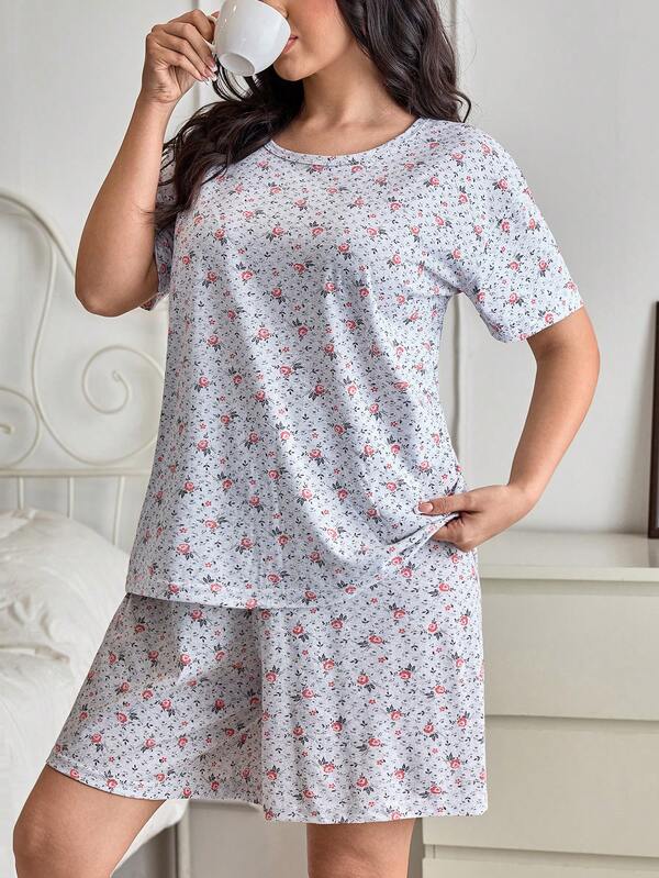 SHEIN Women Plus Size Cotton 2pcs Grey With Floral Pattern Round Neck Short Sleeved Shirt & Shorts Homewear Comfort Casual Pajama Set