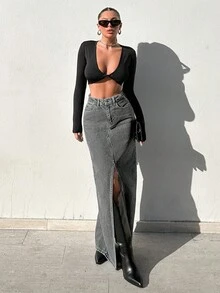 RueChic Women's High Slit Long Slim Denim Skirt - Dark Grey - View 5