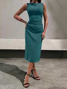 EURMUSE 女士纯色圆领无袖肩部蝴蝶结装饰侧边褶皱连衣裙长款女装 - 薄荷綠 - 查看 6