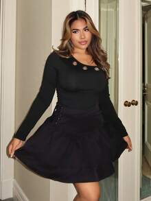 Maria Perezxox Women Solid Lace Up Side Ruffle Hem Skirt For Summer - Black - View 3